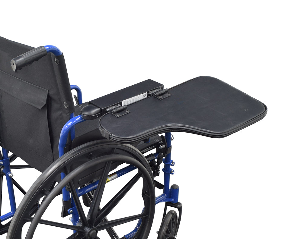 Universal Padded Black Vinyl Half-Lap Flip-Up Tray for Wheelchairs, shown attached to a standard padded armrest, featuring a sleek, practical design ideal for added convenience and support.