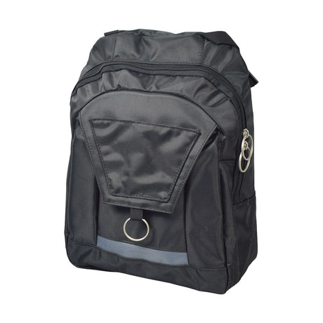 17x14 Backpack for Wheelchairs, featuring six spacious compartments, adjustable straps, and easy-to-pull silver O rings on flaps and zippers, designed for convenient accessibility and weather resistance.