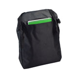 17x14 Backpack for Wheelchairs with a green notebook partially visible inside, featuring six storage areas, adjustable straps, and easy-to-pull O rings on flaps and zippers.