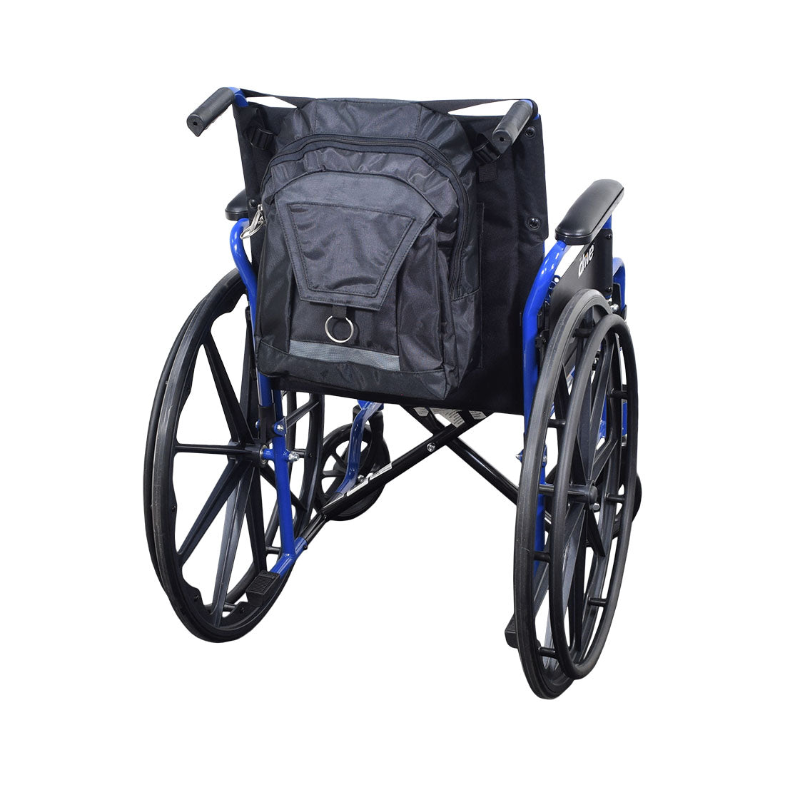 17x14 Backpack for Wheelchairs attached to a blue wheelchair, featuring six storage areas, adjustable straps, and easy-to-pull O rings on flaps and zippers.