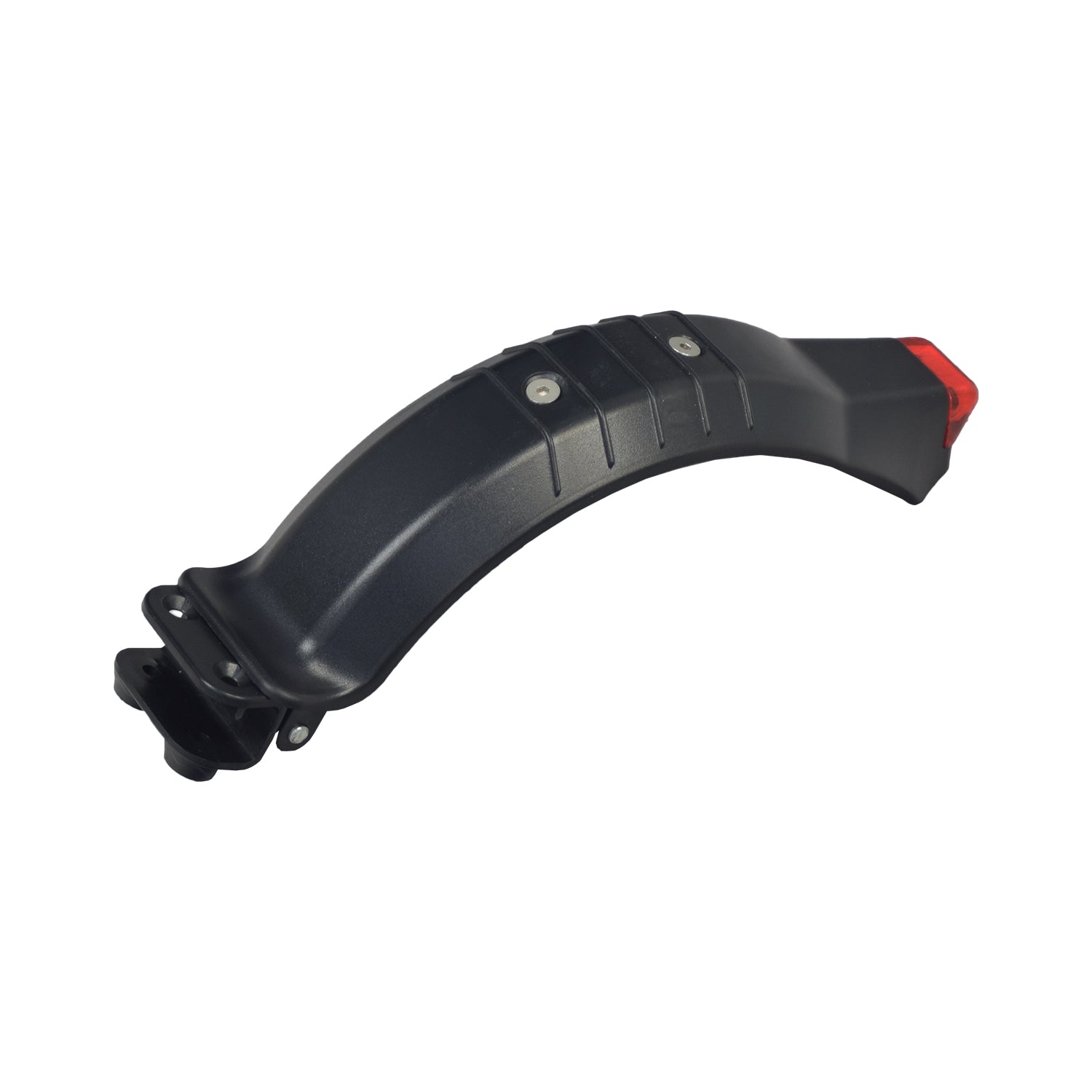 Rear Fender Assembly for the Swagtron Swagger 2 Scooter, featuring a black plastic body with metal screws and a red light, integral to the rear brake system, and equipped with motion-activated LED lights.