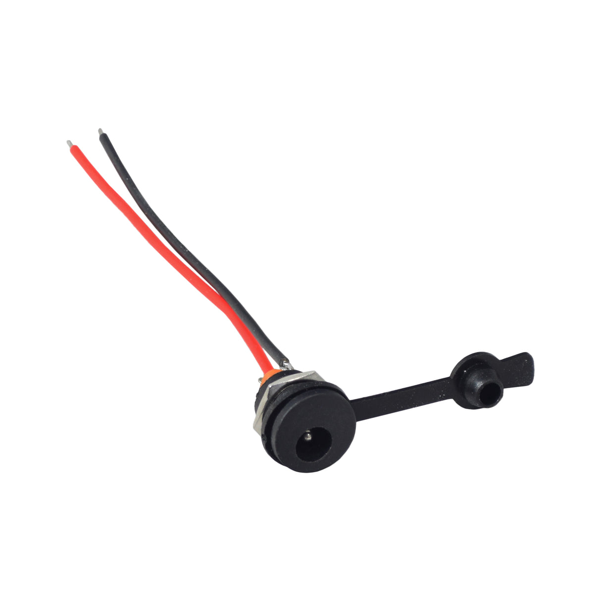 Coaxial Charging Port with Wires & 2.1 mm Inside Diameter for Electric Bikes & Scooters, featuring two bare-ended wires attached to a black circular port with a weather-proof rubber cover.