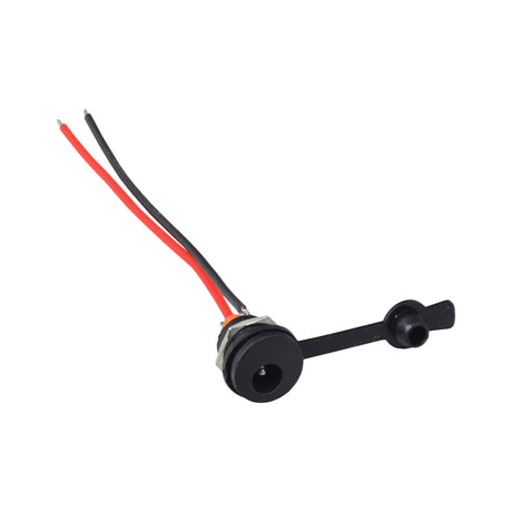 Coaxial Charging Port with Wires & 2.1 mm Inside Diameter for Electric Bikes & Scooters, featuring two bare-ended wires attached to a black circular port with a weather-proof rubber cover.