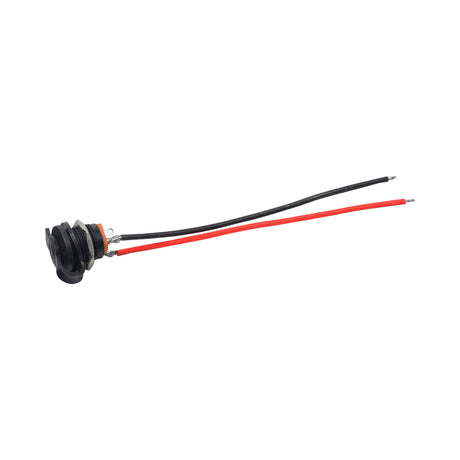 Coaxial Charging Port for Swagtron Swagger Scooters, featuring two 4 black and red wires with bare ends and a round 5.5 mm female coaxial aperture with a weather-proof rubber cover.