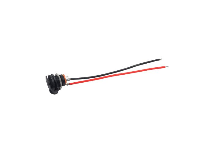 Close-up of the Coaxial Charging Port for the Gyroor C3 Electric Bike, showing the 5.5 mm female coaxial aperture with attached black and red wires and a weather-proof rubber cover.