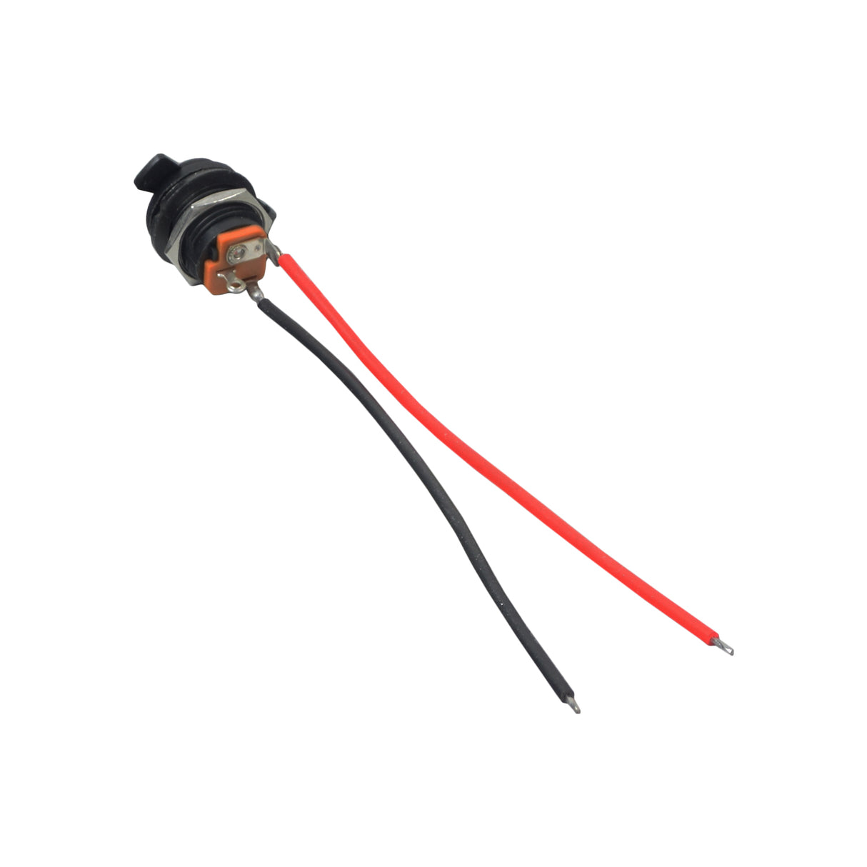 Coaxial Charging Port with Wires & 2.1 mm Inside Diameter for Electric Bikes & Scooters, showing the black and red electrical device with exposed wires and a close-up of the weather-proof rubber cover.