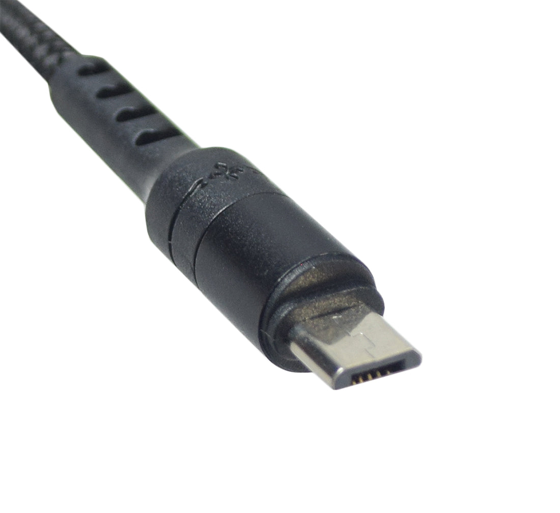 49 Braided 3-in-1 USB Cable for Lightning, USB-C, & Micro USB Chargers, featuring a close-up of the black braided cable with a black connector.