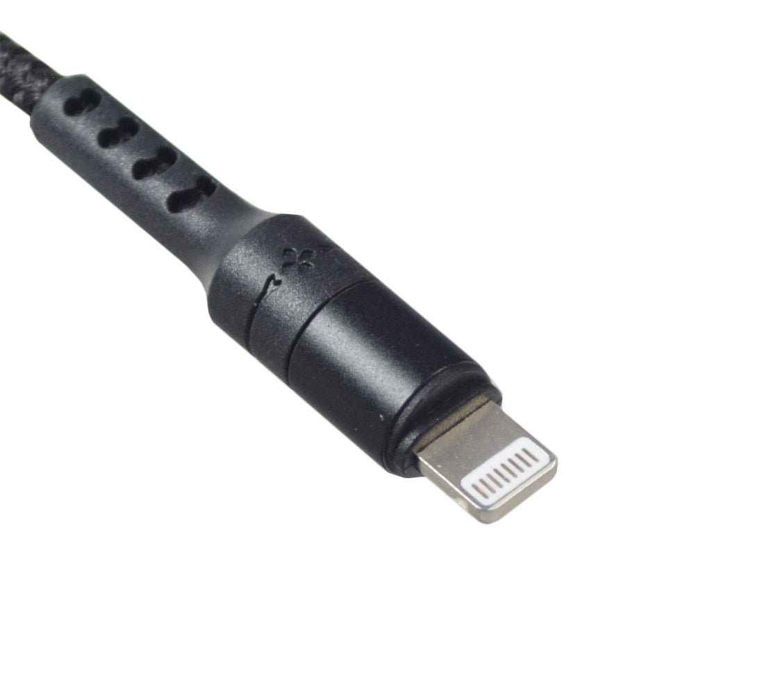 49 Braided 3-in-1 USB Cable for Lightning, USB-C, & Micro USB Chargers featuring a black braided exterior and three distinct connectors for various devices.