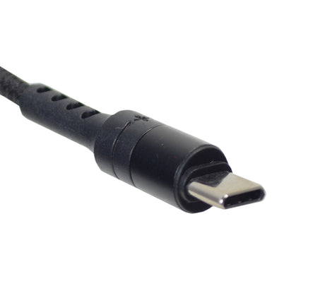 Close-up of the 49 Braided 3-in-1 USB Cable for Lightning, USB-C, & Micro USB Chargers, highlighting its black braided exterior and connectors.