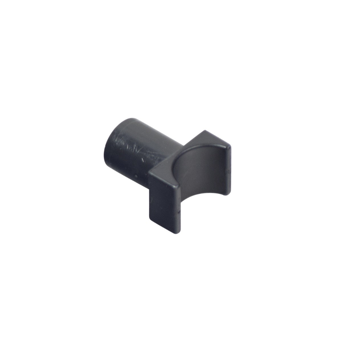 Seat Rail Guide for Fixed 7/8 Tube Armrests, a black plastic object with a central hole, designed to support and connect seat frame tubes to back frame tubes on manual wheelchairs.