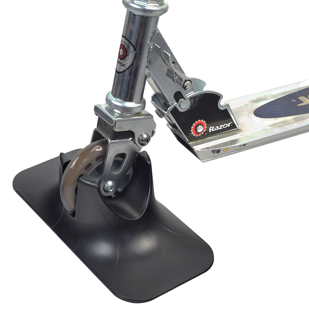 Kick Scooter Stand: A metal arm on a black base designed to hold a scooter's front or rear wheel upright, preventing it from tipping over. Suitable for wheels 24 mm to 30 mm thick.