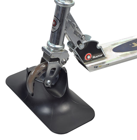 Kick Scooter Stand: A metal arm on a black base designed to hold a scooter's front or rear wheel upright, preventing it from tipping over. Suitable for wheels 24 mm to 30 mm thick.