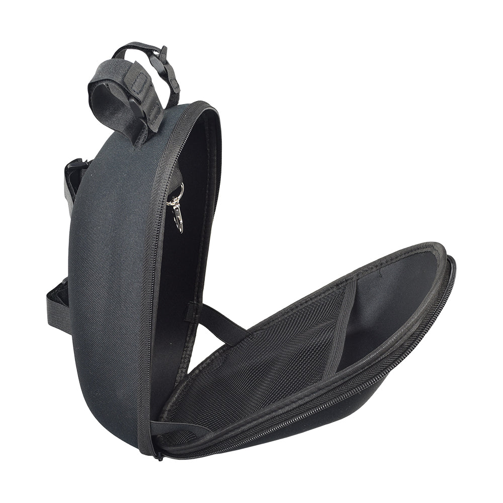 Front Handlebar Case for the Xiaomi M365 Electric Scooter, featuring a black, weatherproof hardshell design with a zipper and strap attachment for secure mounting. Ideal for carrying essentials.