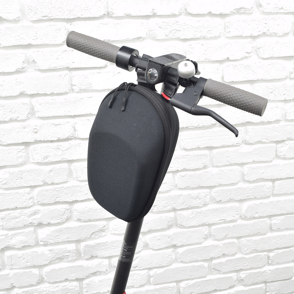 Front Handlebar Case for the Xiaomi M365 Electric Scooter, black, mounted on a scooter handlebar with three Velcro straps, featuring a zipper and internal mesh pocket for storage.