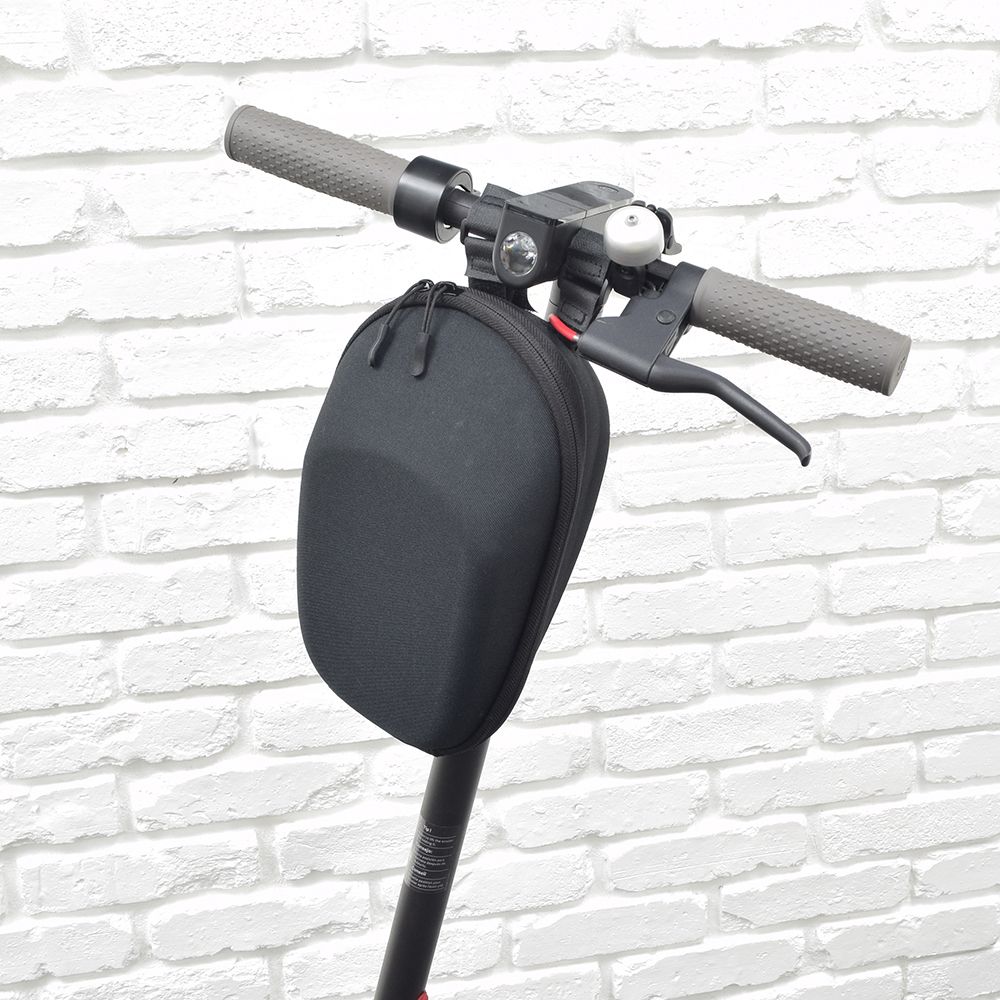 Front Hardshell Handlebar Case for Electric Scooters, shown mounted on a black scooter handlebar with visible straps and a compact, structured design for carrying essentials.