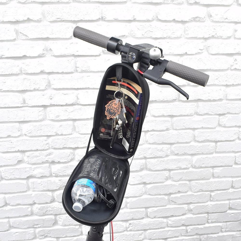 Front Handlebar Case for the Xiaomi M365 Electric Scooter, shown attached to a handlebar, containing a water bottle, keychain, and other essentials, highlighting its spacious storage and secure mounting straps.