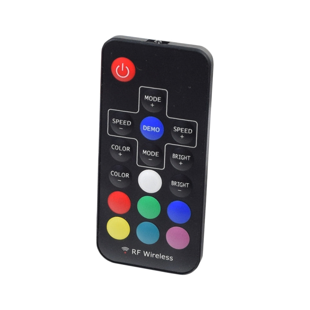 Remote control for the 48 Multicolor LED Whip Light for Go-Karts & Dune Buggies, featuring multicolored buttons and close-up detail showcasing its functionality for adjusting brightness, flash speed, and colors.