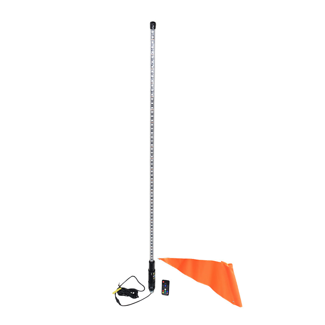 48 Multicolor LED Whip Light for Go-Karts & Dune Buggies, featuring a long pole with an orange flag, ideal for nighttime visibility and style.