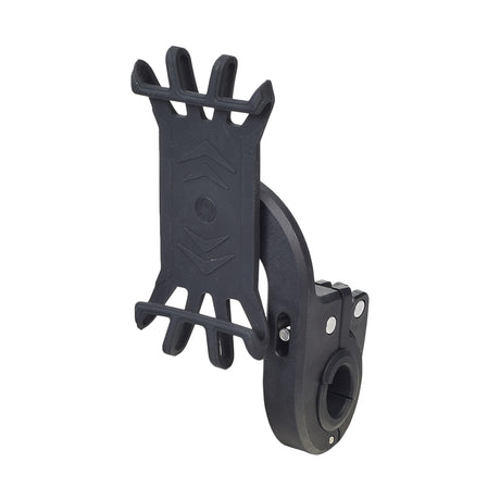 Universal Elastic Smartphone Holder: Black plastic holder with rubber claws designed to securely mount various devices like smartphones and GPS units to handlebars or armrest brackets on bikes, scooters, or wheelchairs.