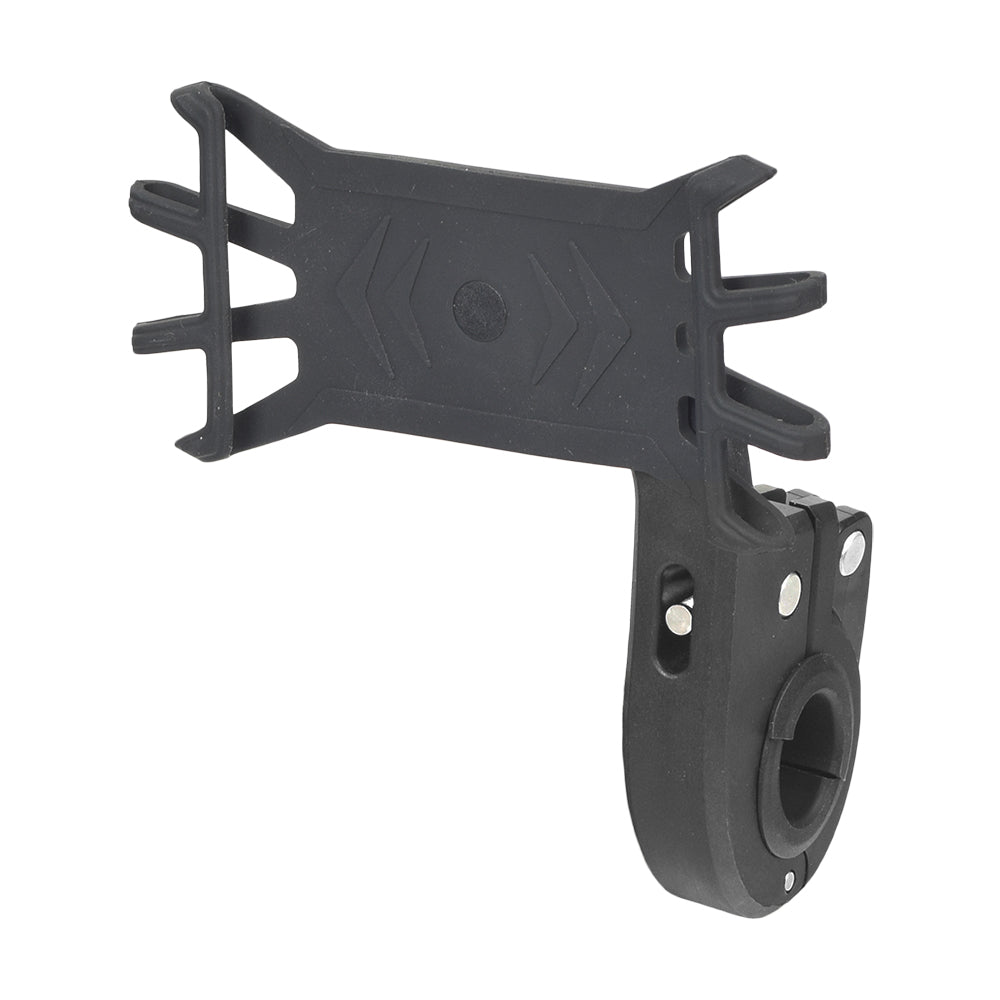 Universal Elastic Smartphone Holder, a black plastic device with rubber claws, designed for secure mounting on handlebars or armrest brackets of bikes, scooters, and wheelchairs.