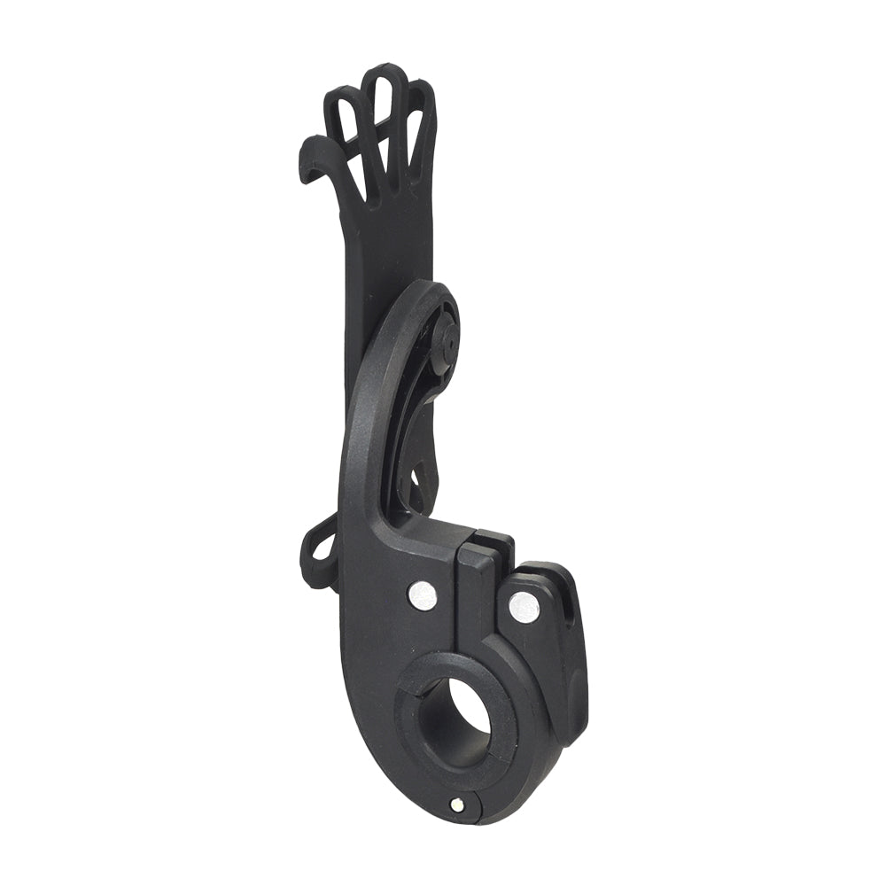 Universal Elastic Smartphone Holder: Black metal and plastic design with rubber claws, featuring a hole and screw for secure attachment to various handlebars or armrest brackets, ideal for holding phones and similar devices.