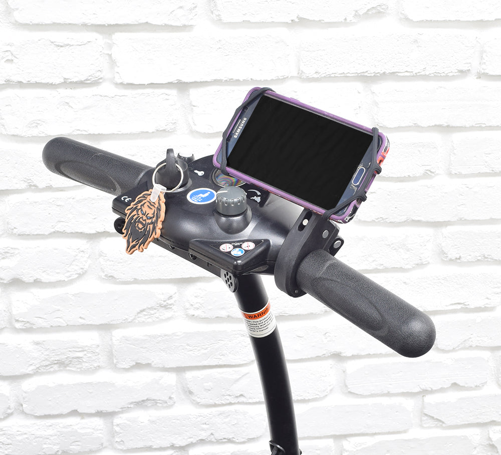 Universal Elastic Smartphone Holder mounted on a bike handlebar, showcasing its secure grip with rubber claws, ideal for various electronic devices including smartphones and GPS units.