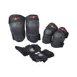 Pro Knee, Wrist, & Elbow Pad Set (Triple Eight) showing a group of black knee pads with red and white logos, designed for skateboarding and kick scooter protection.