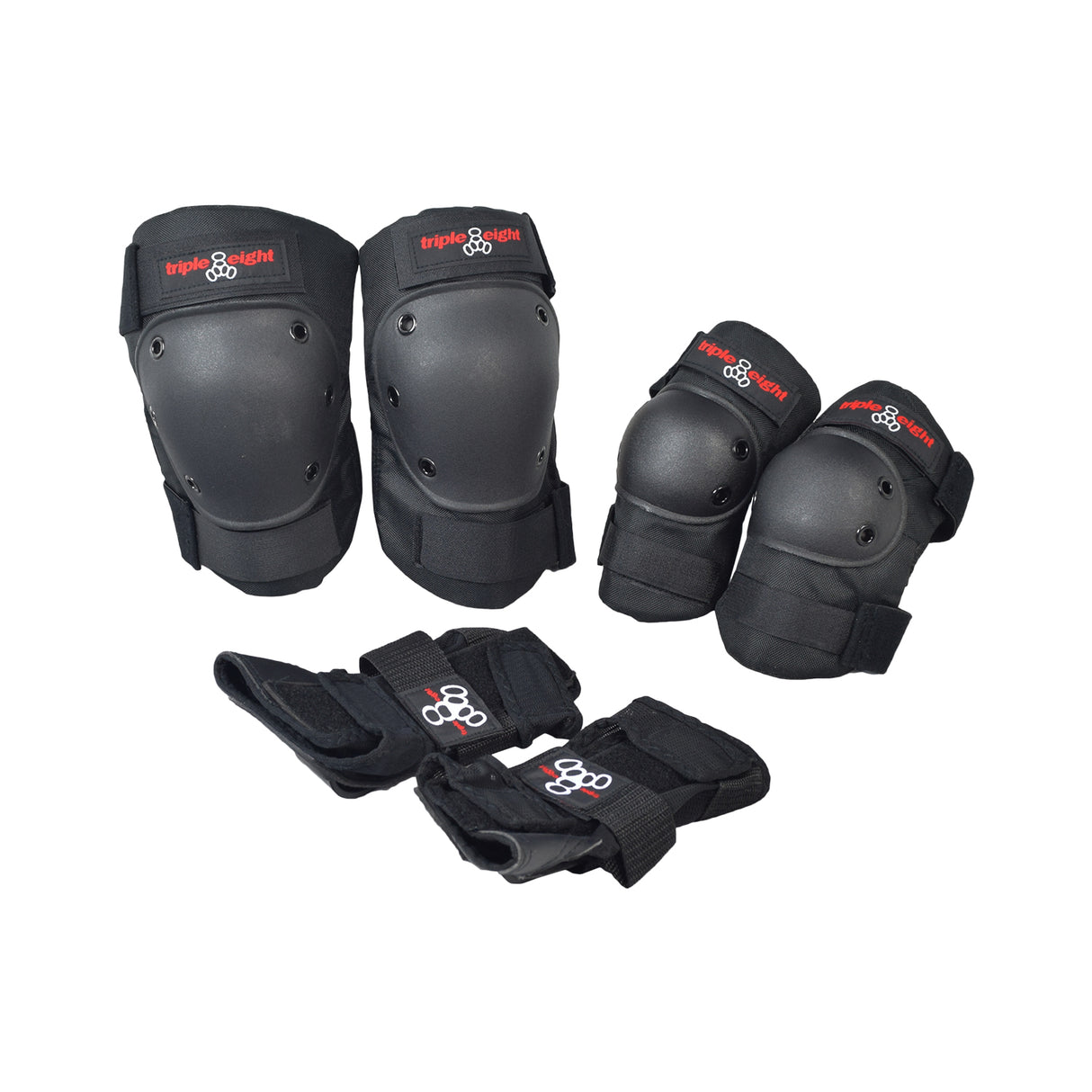 Pro Knee, Wrist, & Elbow Pad Set (Triple Eight) showing a group of black knee pads with red and white logos, designed for skateboarding and kick scooter protection.