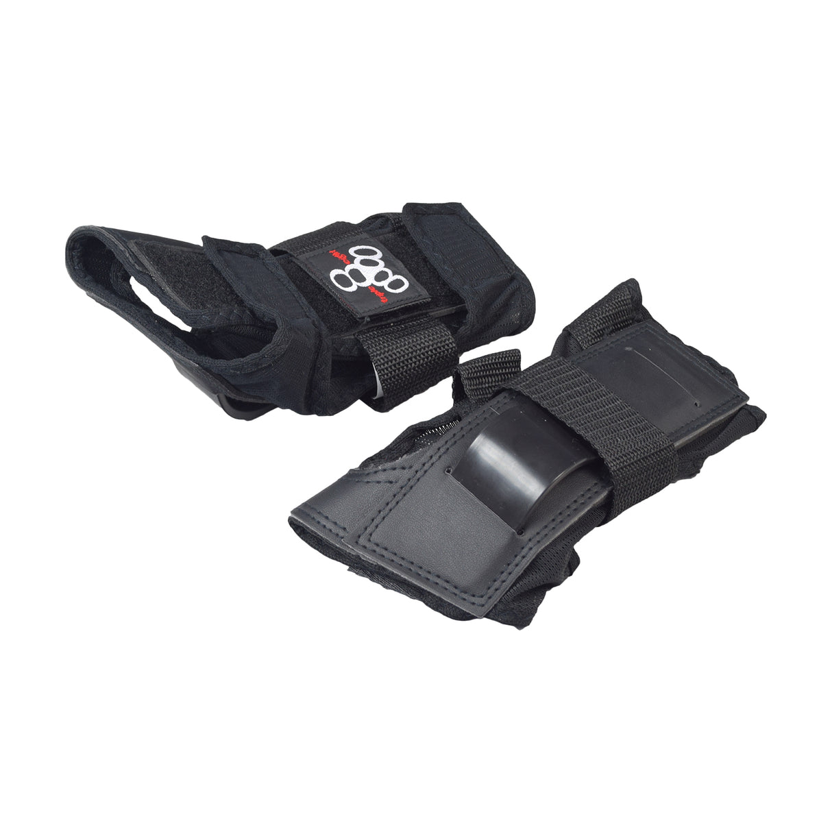 Pro Knee, Wrist, & Elbow Pad Set (Triple Eight) featuring black wrist guards with adjustable straps and impact-resistant molded ABS splints, designed for optimal protection and comfort for skateboarders and kick scooter enthusiasts.