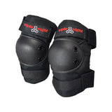 Pro Knee, Wrist, & Elbow Pad Set (Triple Eight) featuring black knee pads with white logos, designed for skateboarding and outdoor activities, offering shock absorption and ventilation for adults.