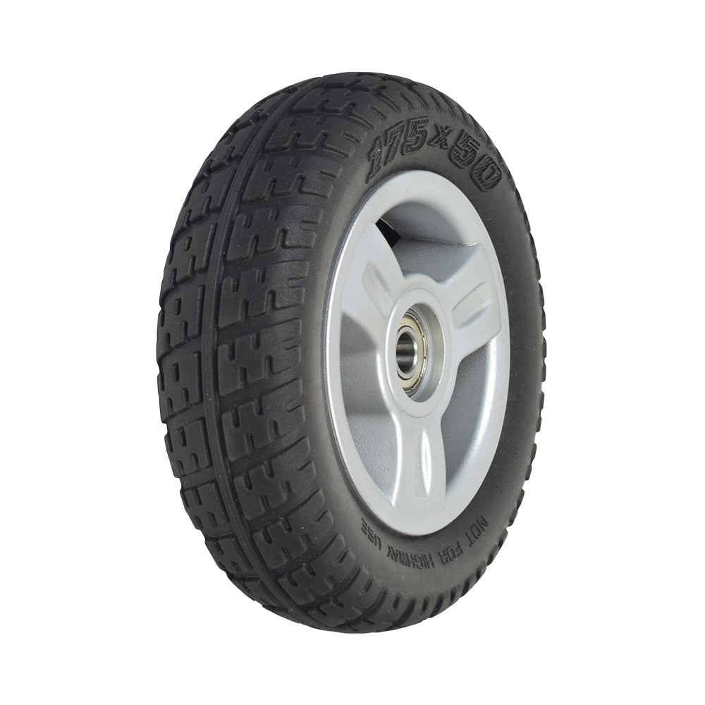 7x2 Front Wheel Assembly for the 4-Wheel Go-Go Elite Traveller (SC44E) & Go-Go LX (S54LX) featuring a black tire with a silver rim, close-up showcasing the solid tire and alloy wheel.