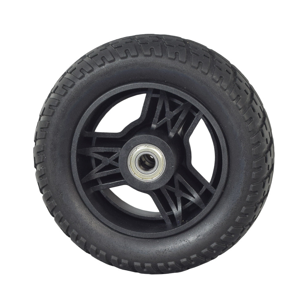 7x2 Front Wheel Assembly for the 4-Wheel Go-Go Elite Traveller (SC44E) & Go-Go LX (S54LX), featuring a black solid tire with a metal center hub, close-up view.