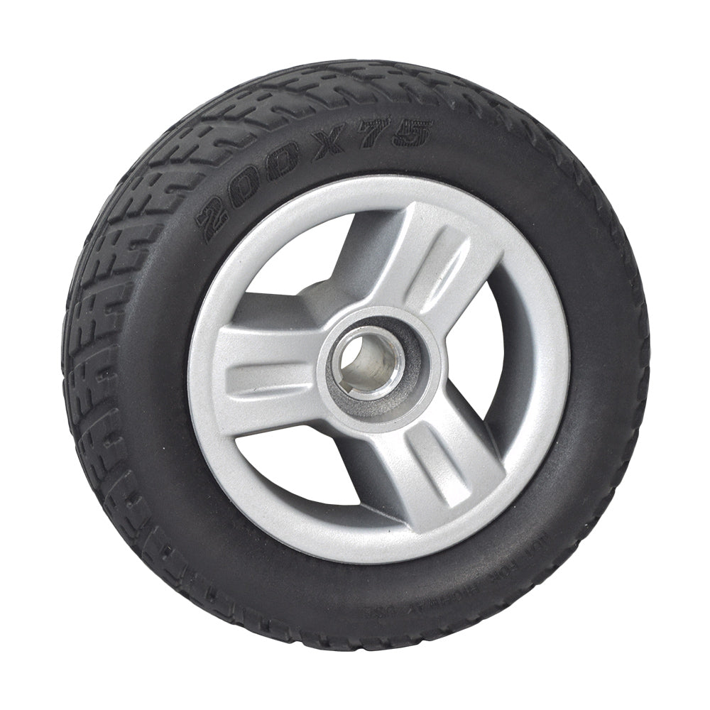 8x2.50 Rear Wheel Assembly for the Go-Go Elite Traveller (SC40E/SC44E) featuring a black solid tire with a silver tri-spoke rim, designed for both 3-wheel and 4-wheel scooters.