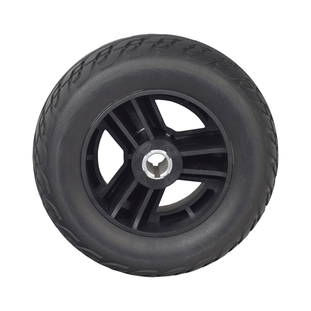 9x3 Black Flat-Free Rear Wheel Assembly for the Go-Go Elite Traveller (Set of 2), featuring a black wheel with a metal rim, ideal for small travel-size mobility scooters.