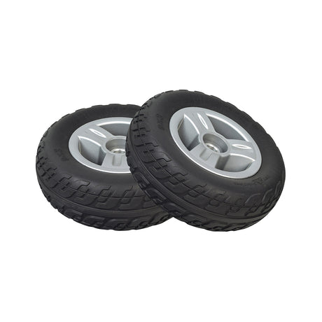 9x3 Black Flat-Free Rear Wheel Assembly for the Go-Go Elite Traveller (Set of 2) (Blemished) showing a pair of black tires designed for mobility scooters, emphasizing tread and rim details.