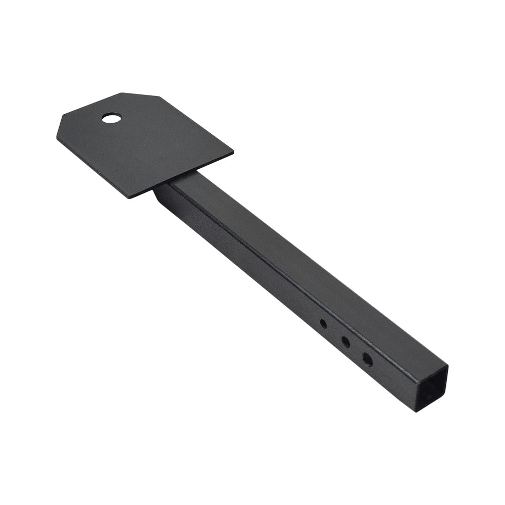 Utility Cart Hitch Extender for Mobility Scooters, a black metal object with multiple holes, including a central 9/16 hole on its 4-1/2 x 3-1/2 welded steel platform for mounting accessories.