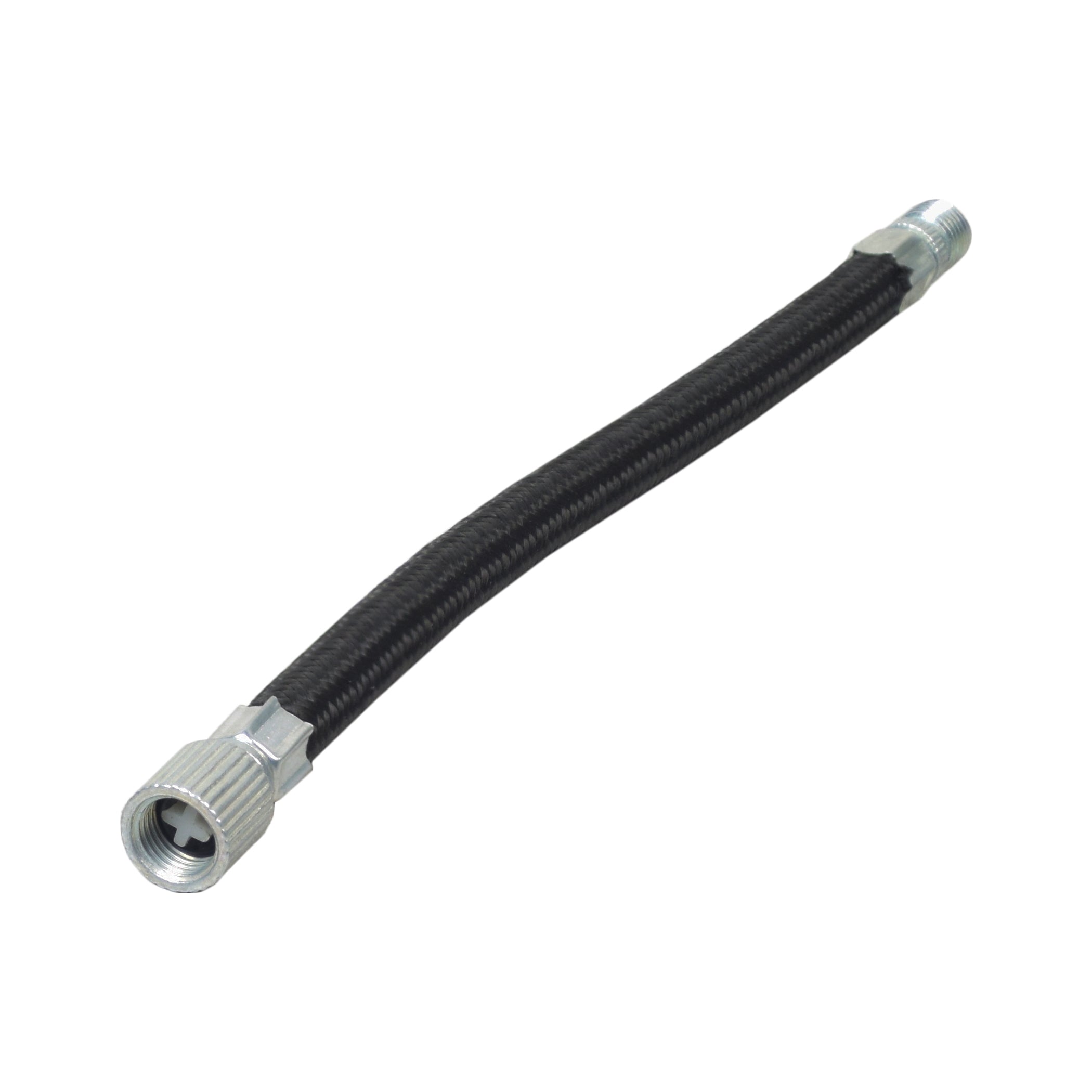 5” Black Rubber Inner Tube Valve Extender featuring a black and silver hose with a braided nylon exterior, showcasing a male Schrader valve connector on one end and a female connector on the other.