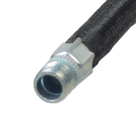 Close-up of the 5” Black Rubber Inner Tube Valve Extender, showcasing its male and female Schrader valve connectors and black braided nylon exterior.