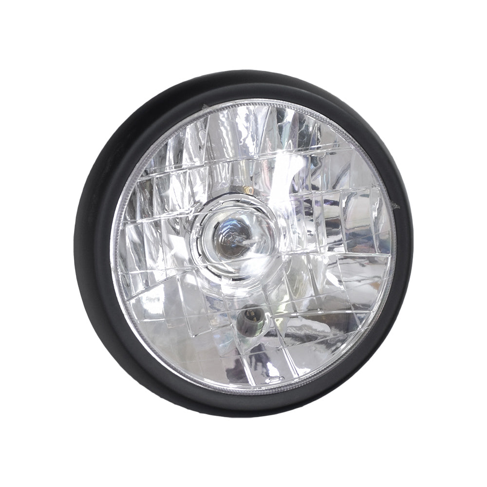 Headlight for the Coleman RB200 & Monster Moto / Mega Moto MM-B212 Mini Bikes: A round headlight with a black plastic bezel, chrome reflector, clear lens, and bulb, designed for mini bike models RB200 and MM-B212.