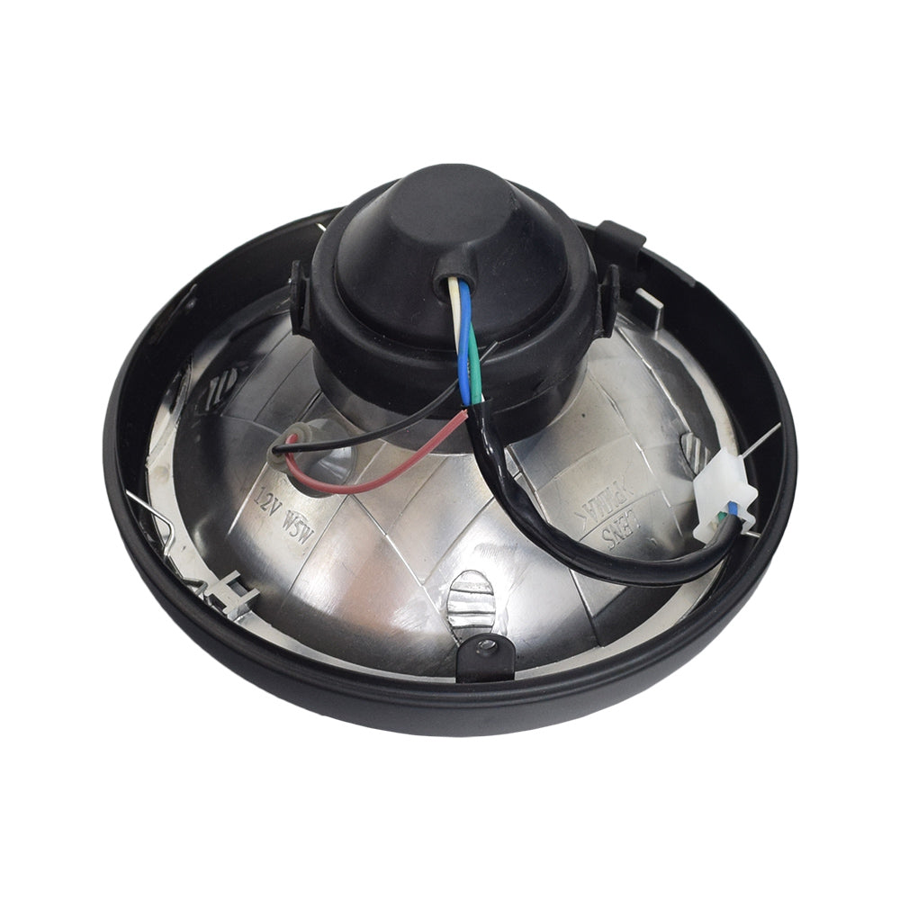 Headlight for the Coleman RB200 & Monster Moto / Mega Moto MM-B212 Mini Bikes, featuring a round black casing with attached wires, chrome reflector, clear lens, and bulb.