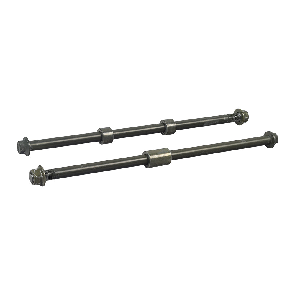 Front & Rear Axles for Coleman RB200 & Monster Moto / Mega Moto MM-B212 Mini Bikes (Set of 2): Two threaded steel rods with flanged nuts and spacers.