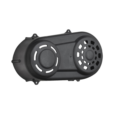 CVT Cover for Coleman RB200 & Monster Moto / Mega Moto MM-B212 Mini Bikes: A close-up of a black plastic cover with ventilation holes, designed to protect the drive system and rider’s leg.