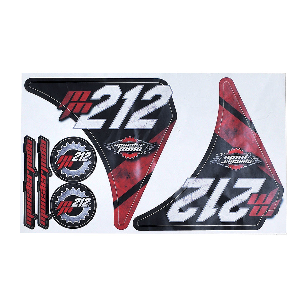 Sticker Set for the Monster Moto / Mega Moto Classic 212cc (MM-B212) Mini Bike, featuring six adhesive vinyl pieces: two gusset stickers, two circular gear logos, and two Monster Moto brand stickers.