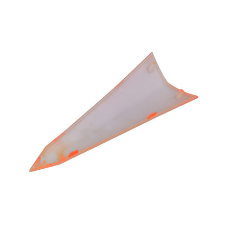 Orange Center Trim for the Coleman AT125-EX ATV, a white plastic object with orange edges and an arrow-shaped, pointy design, providing a bold, distinctive accent for the front body panel.