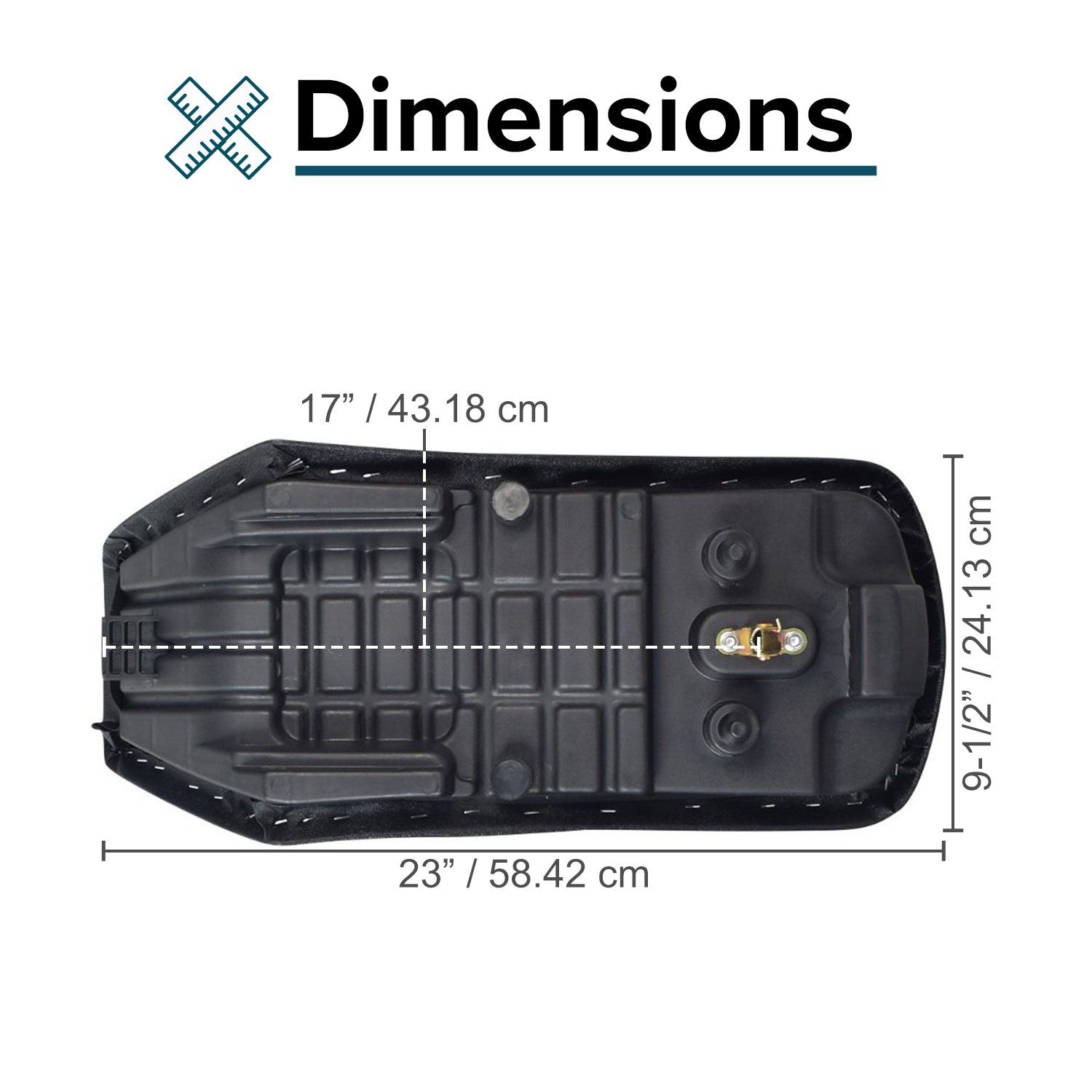 Seat for the Coleman AT125-EX ATV (Blemished) showing a black plastic box with measurements and a white dotted line, featuring a black and white logo and close-ups of various components.