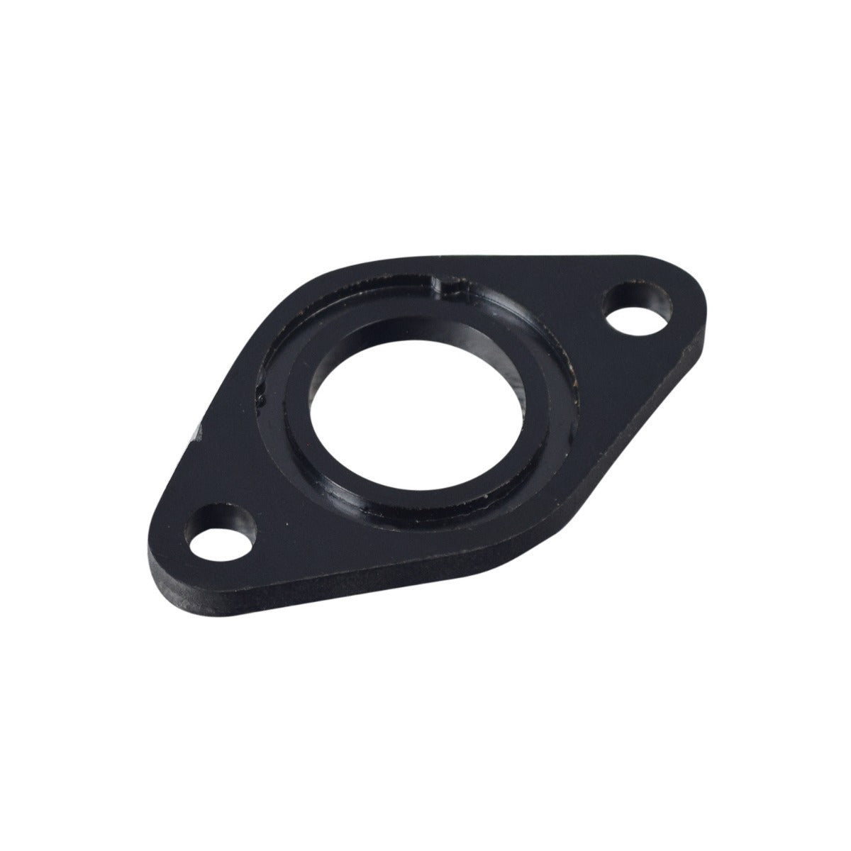 Intake Gasket for the Coleman AT125-EX ATV, a black metal fitting with a circular groove, designed to sit between the manifold pipe and carburetor, featuring a hole for alignment with the carburetor's O-ring.