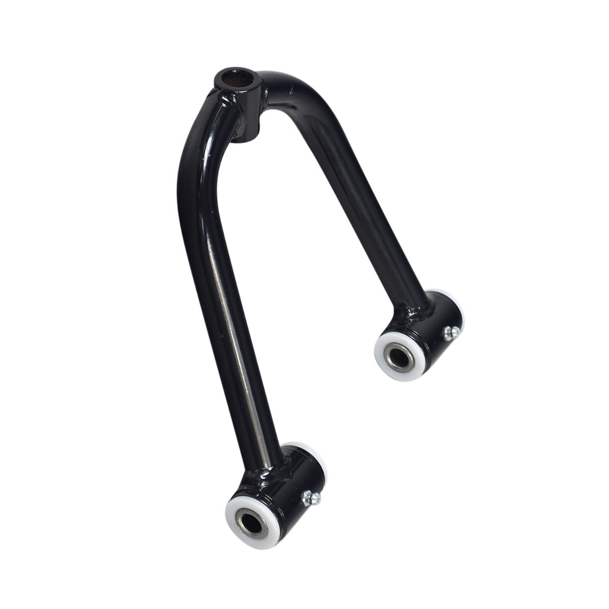 Upper A-Arm for Coleman AT125-EX & AT125-UT ATVs featuring black enameled steel, white wheels, and pre-installed bushings, spacers, and grease fittings.