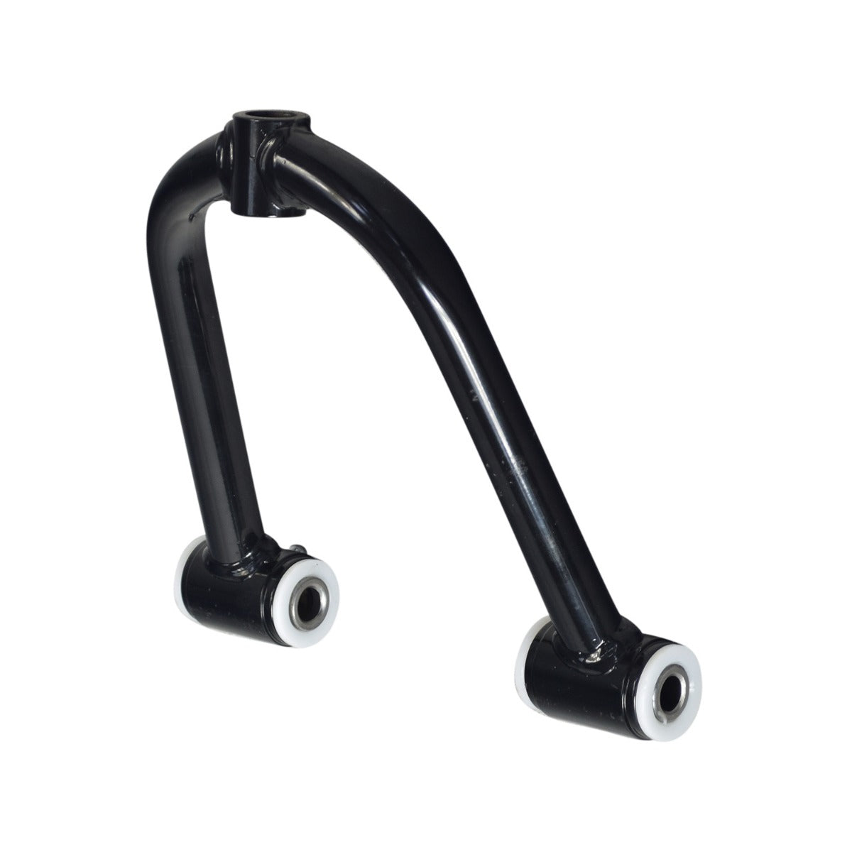 Upper A-Arm for Coleman AT125-EX & AT125-UT ATVs, showcasing a black metal arm with white wheels, featuring pre-installed bushings, spacers, and grease fittings.