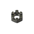 Front Swing Arm Castle Nut for the Coleman AT125-EX ATV, featuring a black metal construction with a 10mmx1.25 thread, measuring 3/8 tall and 5/8 wide, shown in a close-up view.