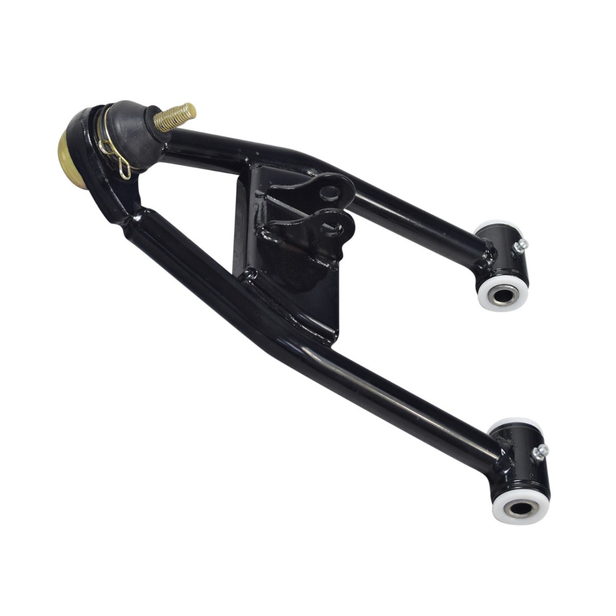 Lower A-Arm for the Coleman AT200-B ATV, featuring a black metal arm with white rubber components, close-up details of bushings, spacers, and grease fittings pre-installed for steering and suspension.